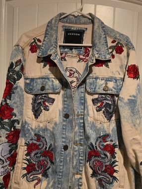 Reason Embroidered Acid-Wash Denim Jacket in Blue and Red